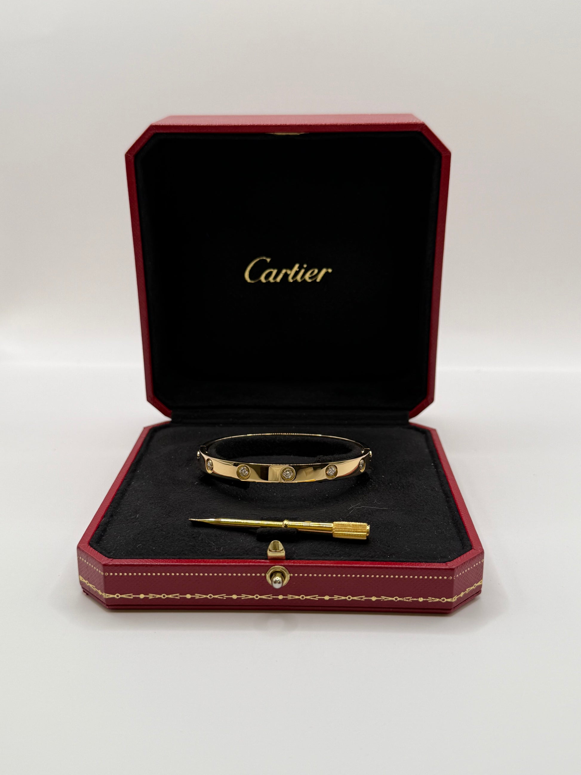 Cartier Love Bracelet – Or Jaune 18k & 10 Diamants – Taille 17 – Poli – Avec Tournevis & Boîte bijou de luxe