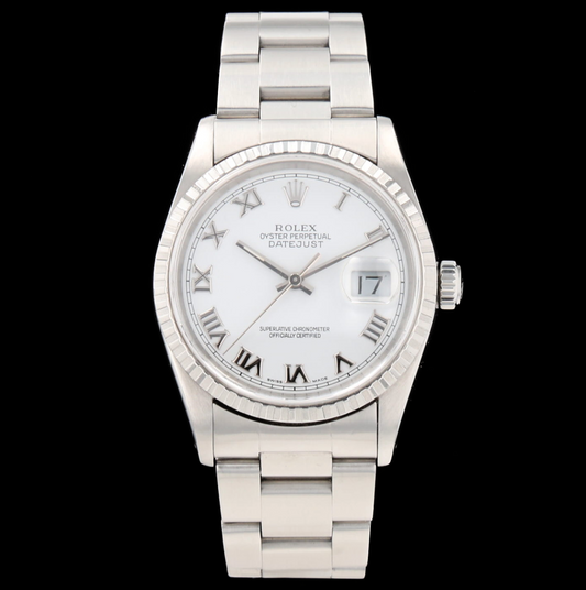 Rolex Datejust 36 mm réf. 16220 - Acier, Lunette Cannelée, Cadran Blanc Romain - Année 1991