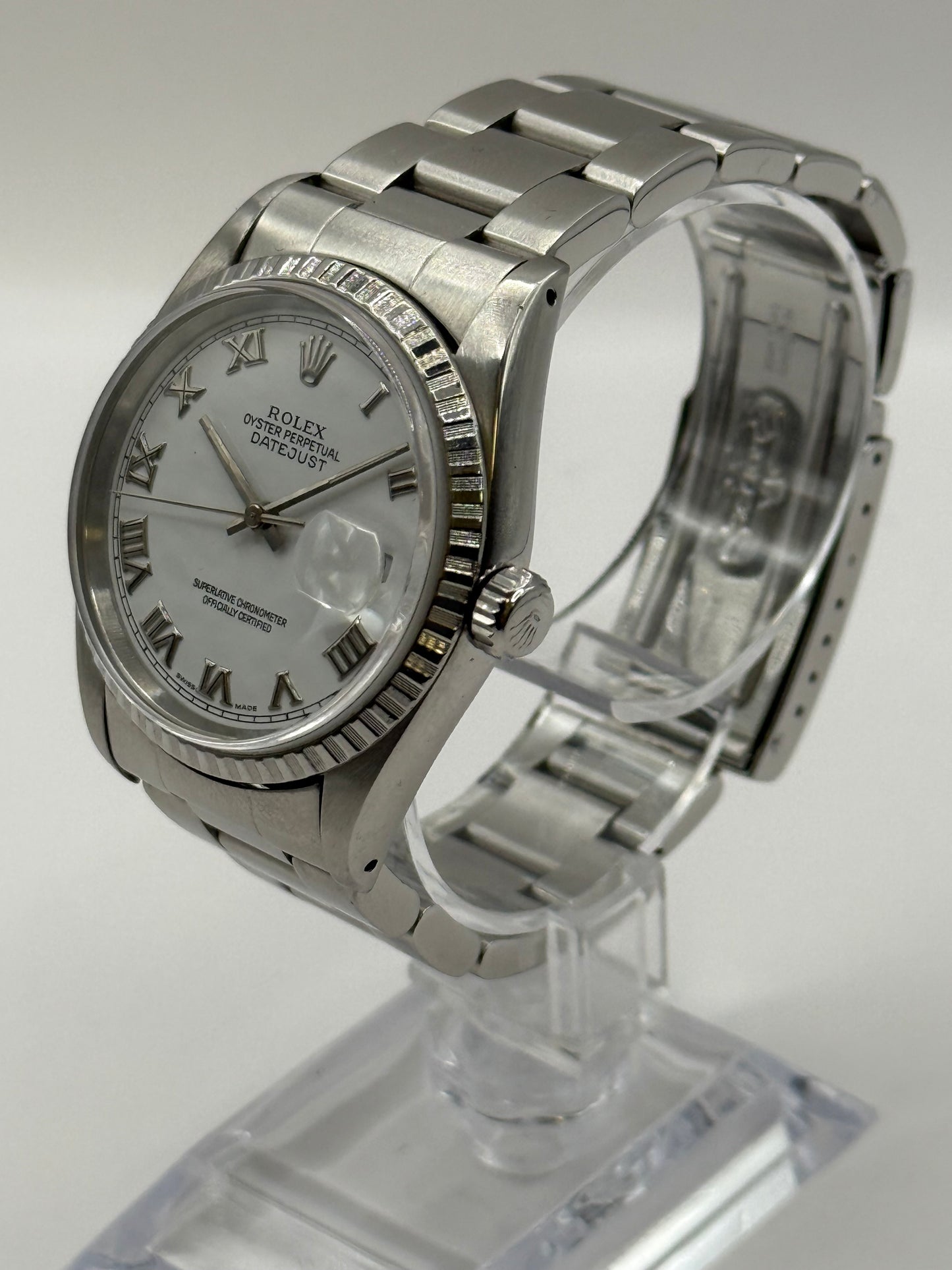 Rolex Datejust 36 mm réf. 16220 - Acier, Lunette Cannelée, Cadran Blanc Romain - Année 1991